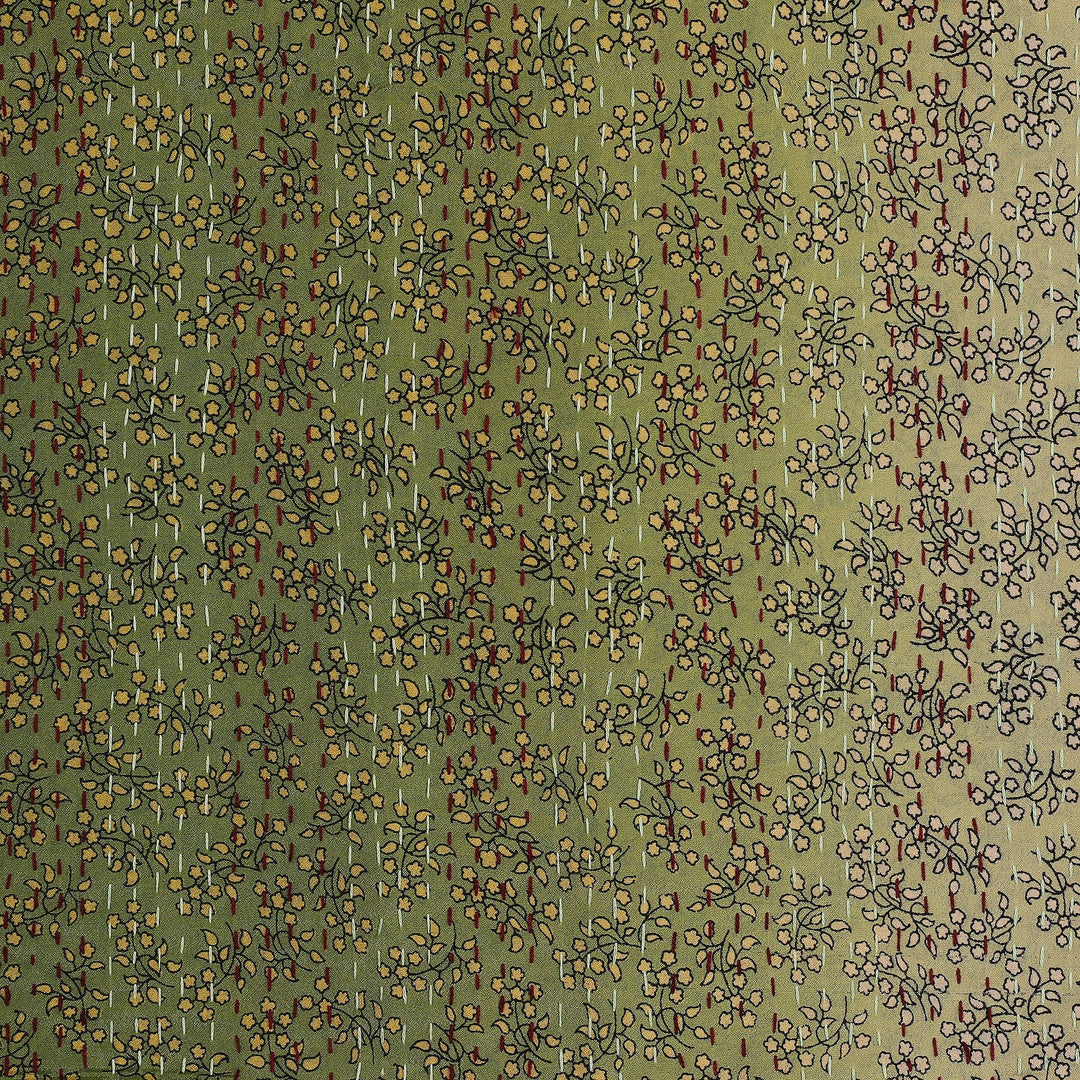 Embroidered Reversible Silk Scarf in Green and Beige - Spring Peace