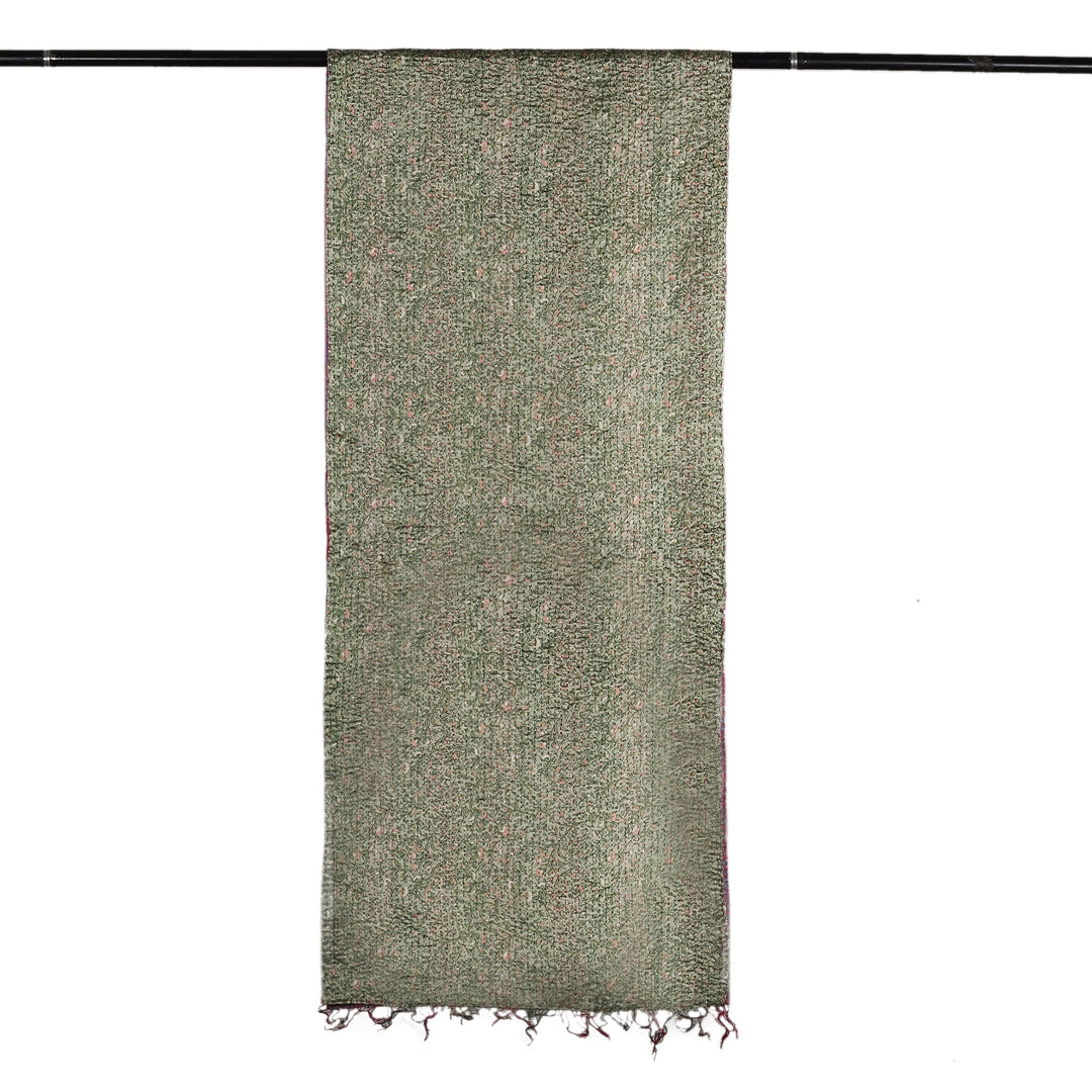 Embroidered Reversible Silk Scarf in Green and Pink - Primaveral Mornings