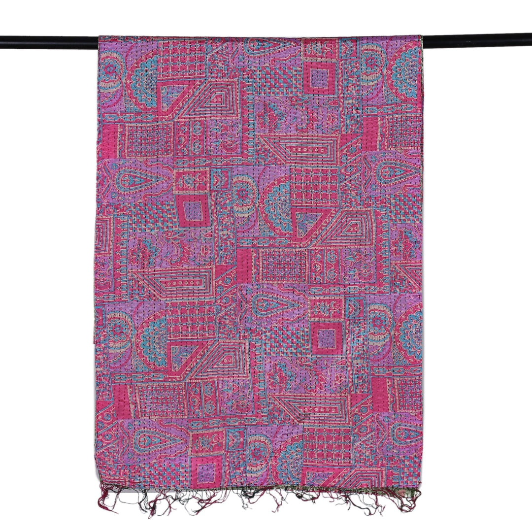 Embroidered Reversible Silk Scarf in Green and Pink - Primaveral Mornings