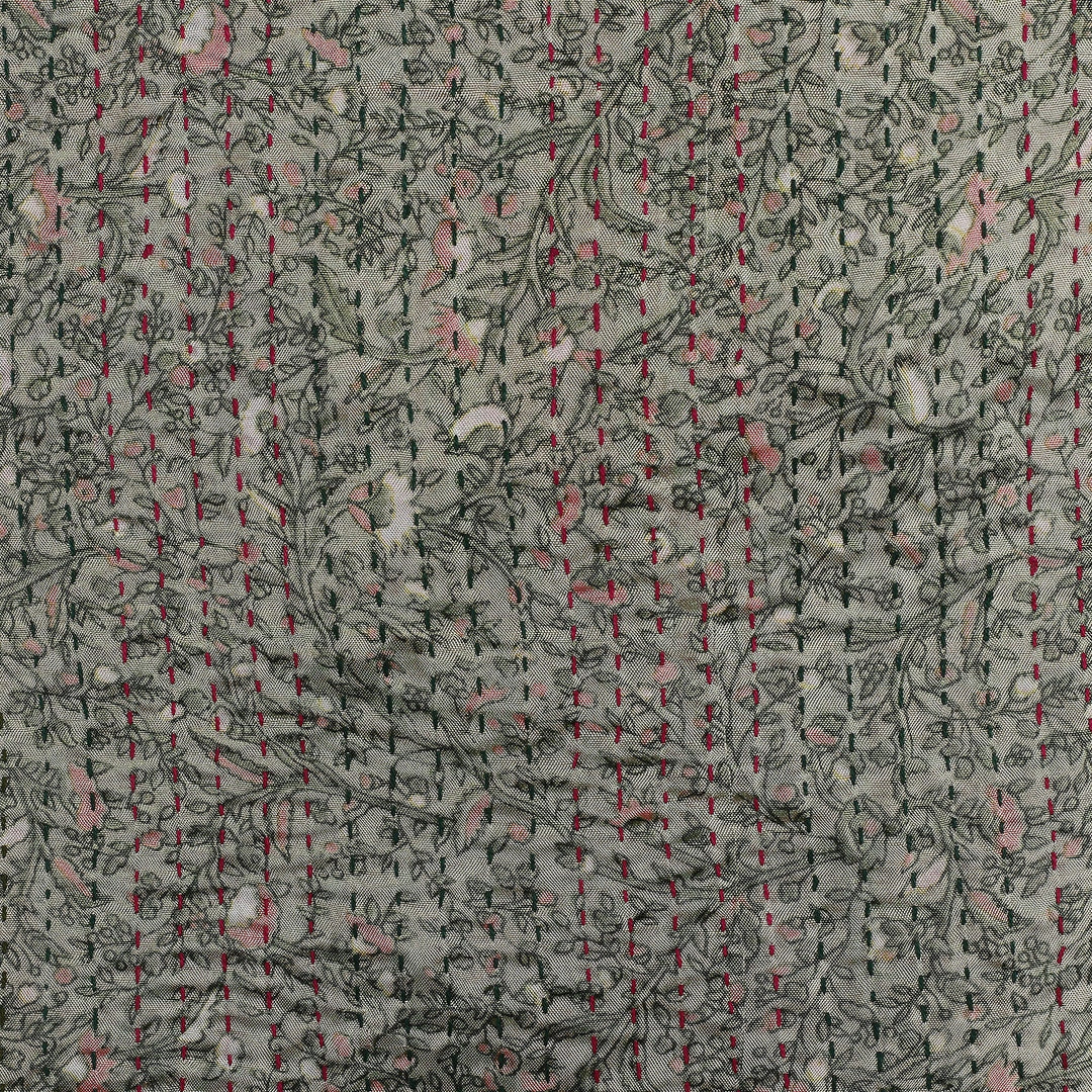 Embroidered Reversible Silk Scarf in Green and Pink - Primaveral Mornings