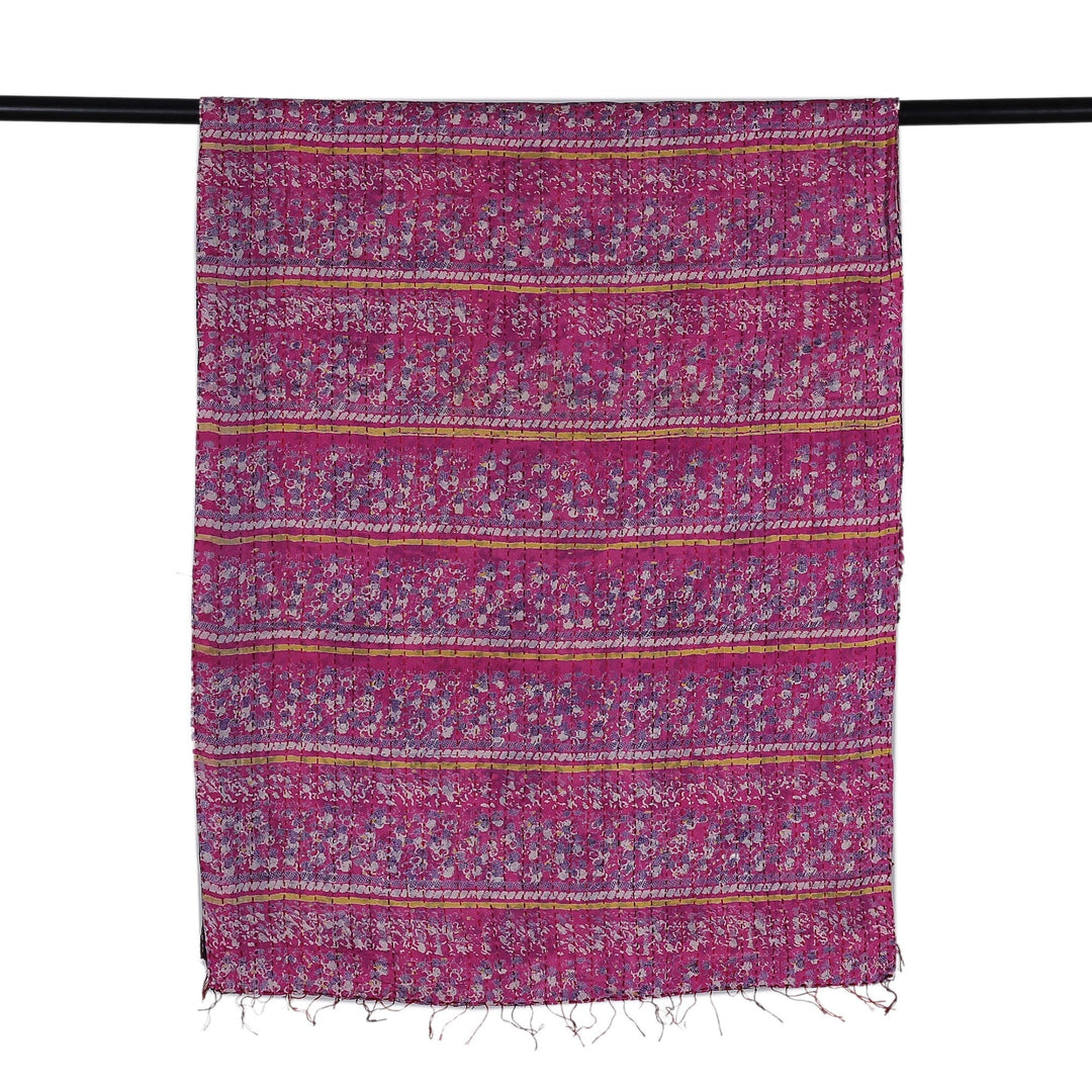 Cotton Kantha Embroidered Floral Reversible Silk Scarf - Enchanted Essence