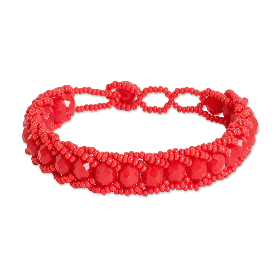 Handmade Poppy Red Glass Beaded Wristband Bracelet - Poppy Opulence