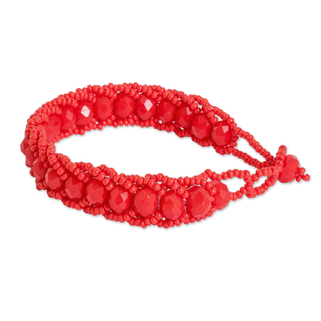 Handmade Poppy Red Glass Beaded Wristband Bracelet - Poppy Opulence