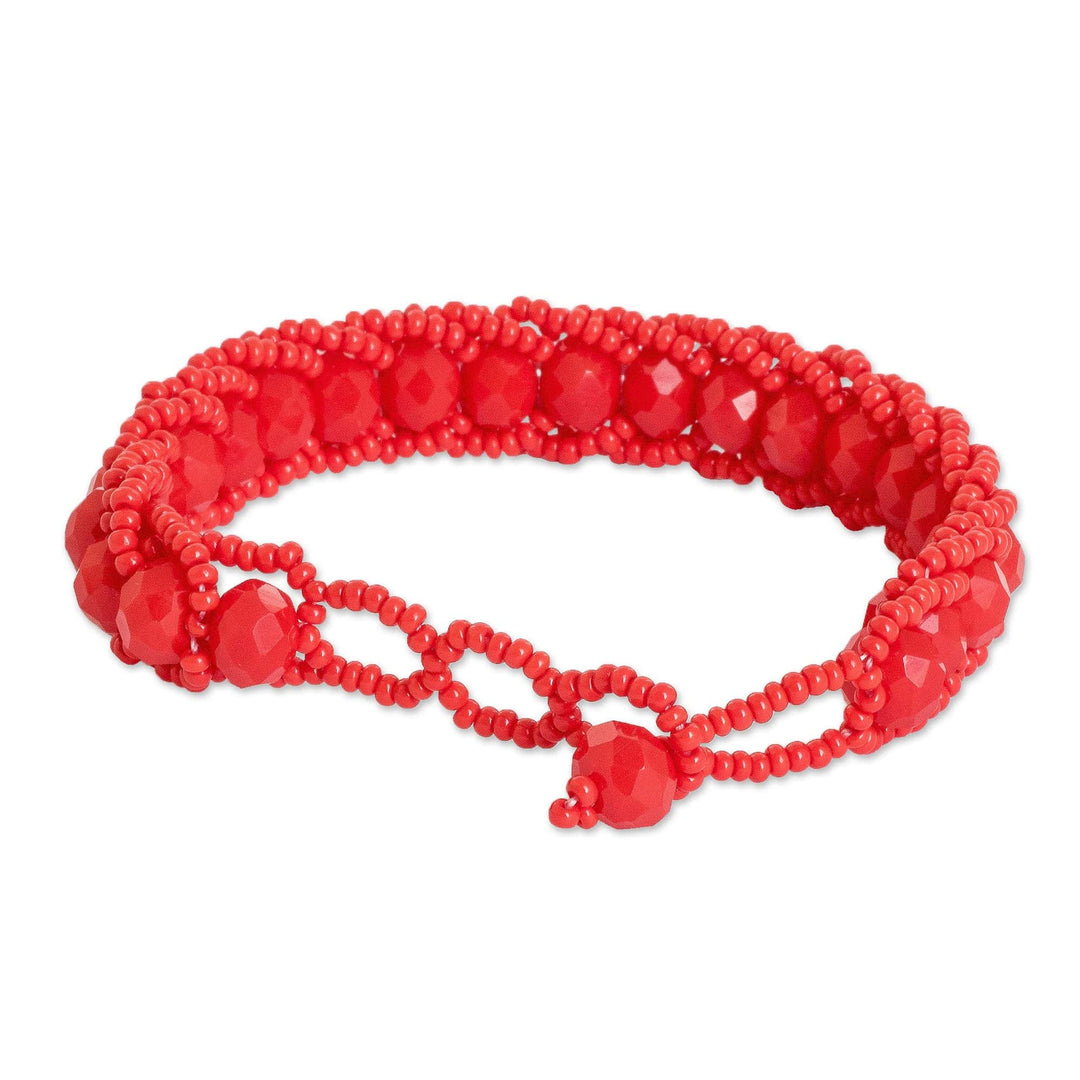 Handmade Poppy Red Glass Beaded Wristband Bracelet - Poppy Opulence