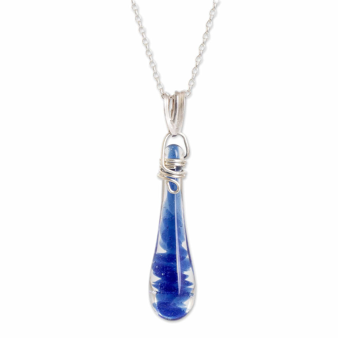 Glass Pendant Necklace in Dark Blue from Costa Rica - Bubbling Lagoon