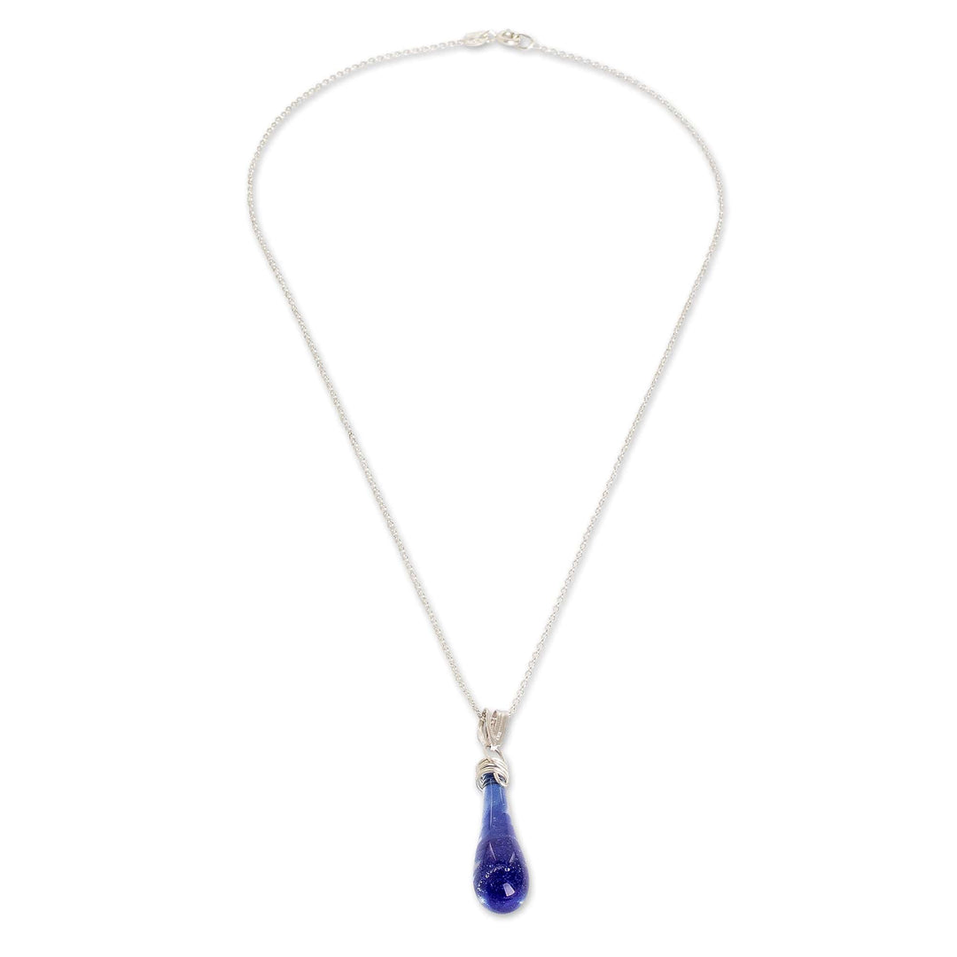 Glass Pendant Necklace in Dark Blue from Costa Rica - Bubbling Lagoon