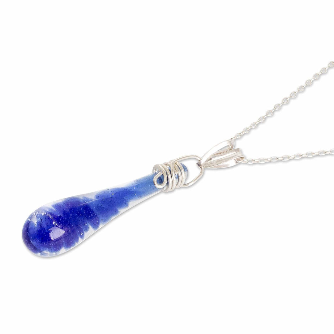 Glass Pendant Necklace in Dark Blue from Costa Rica - Bubbling Lagoon
