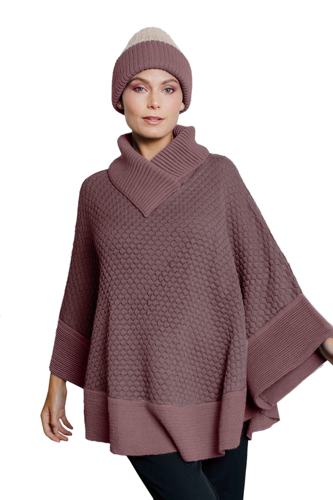 100% Baby Alpaca Pink Poncho with Honeycomb Patterns - Rosewood Illusions