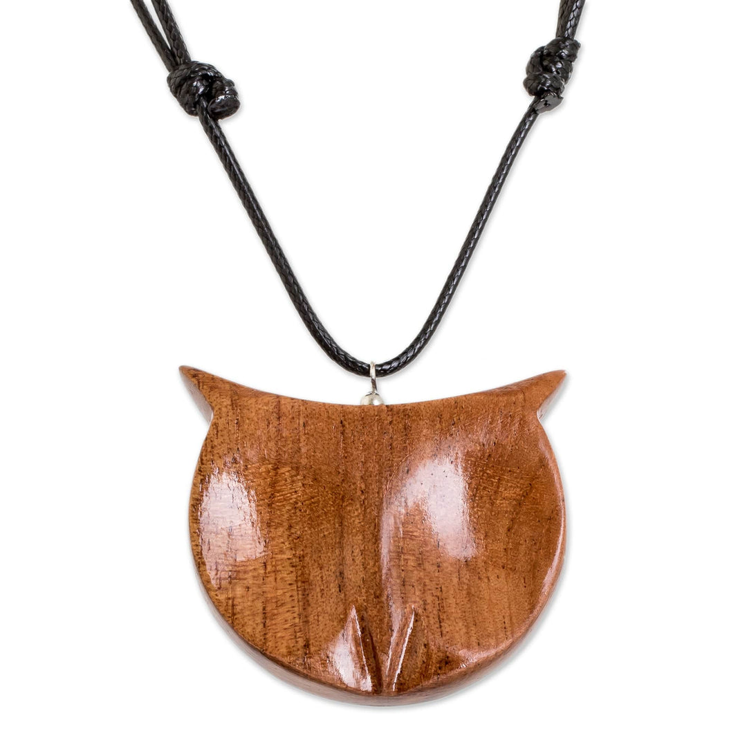 Hand-Carved Adjustable Cedarwood Owl Pendant Necklace - Nocturnal Owl