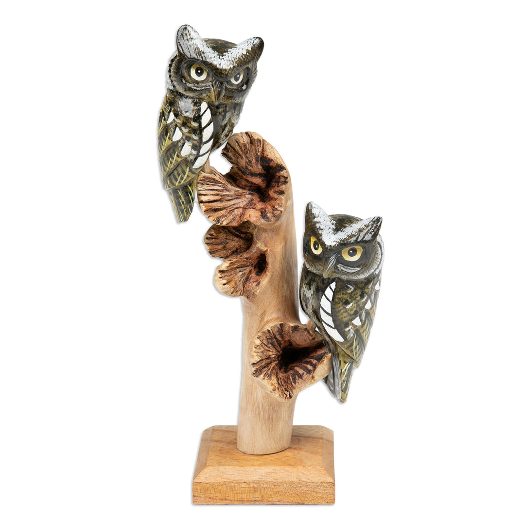 Owl-Themed Jempinis and Benalu Wood Sculpture from Bali - Sylvan Guards