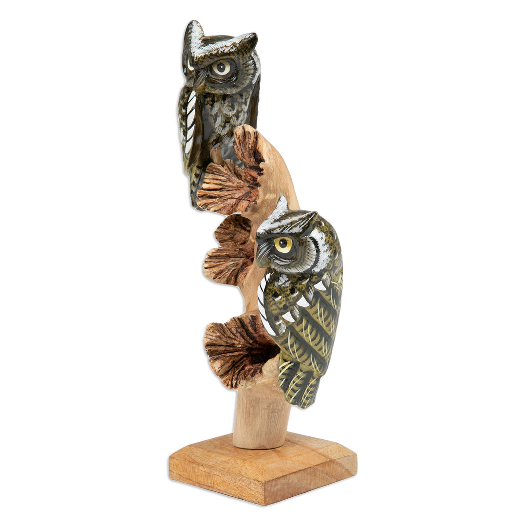 Owl-Themed Jempinis and Benalu Wood Sculpture from Bali - Sylvan Guards