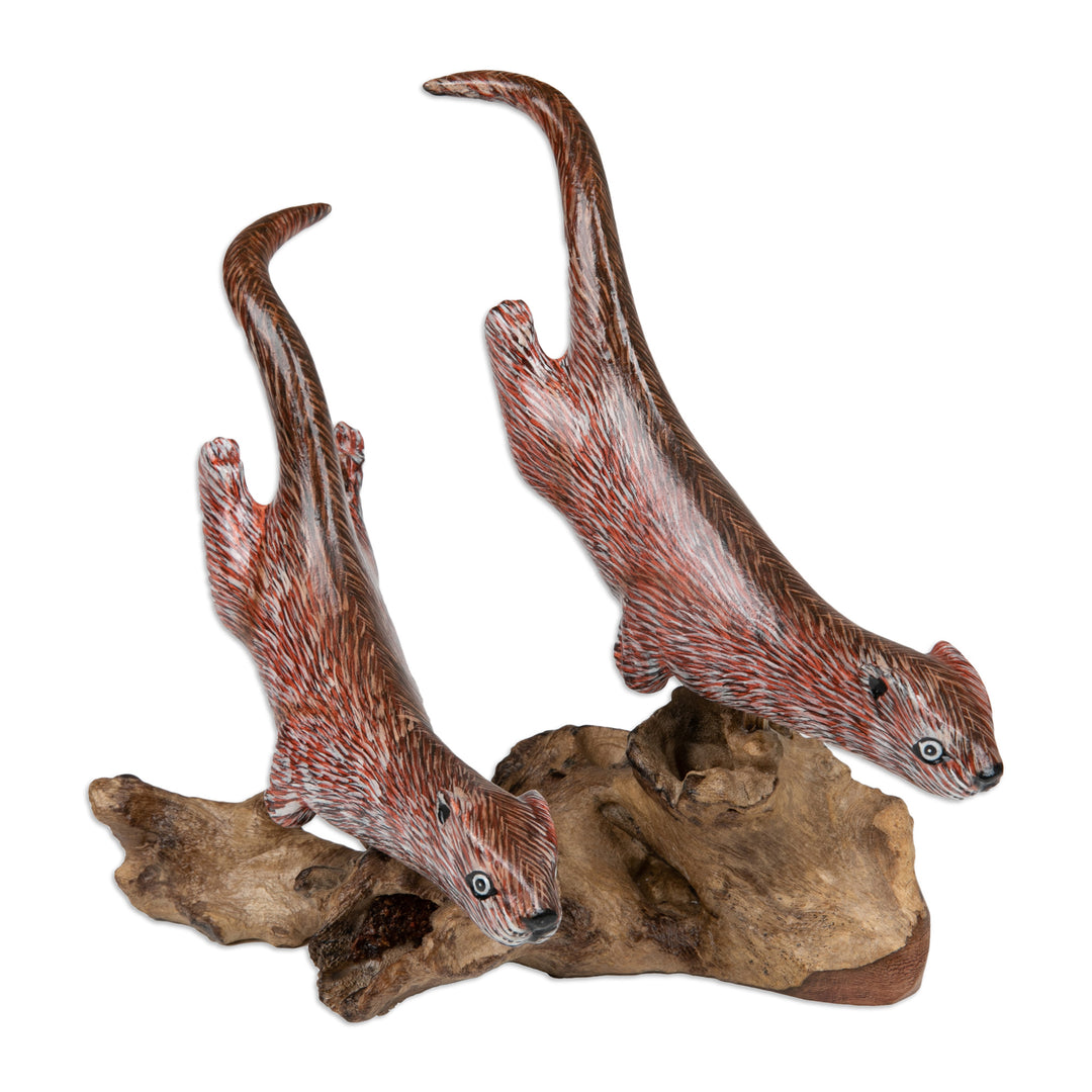 Hand-Carved and Painted Wood Sculpture of Two Ferrets - Leaping Ferrets