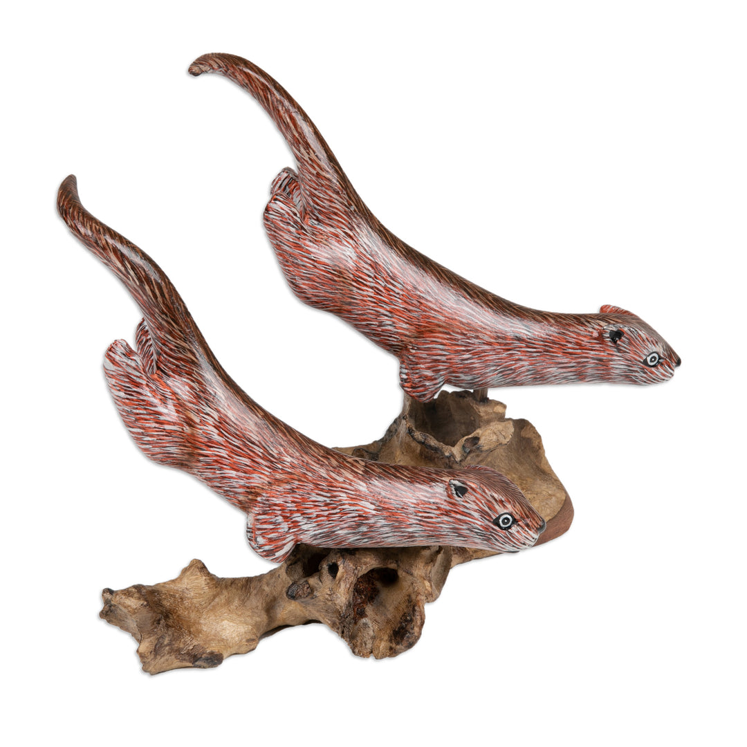 Hand-Carved and Painted Wood Sculpture of Two Ferrets - Leaping Ferrets