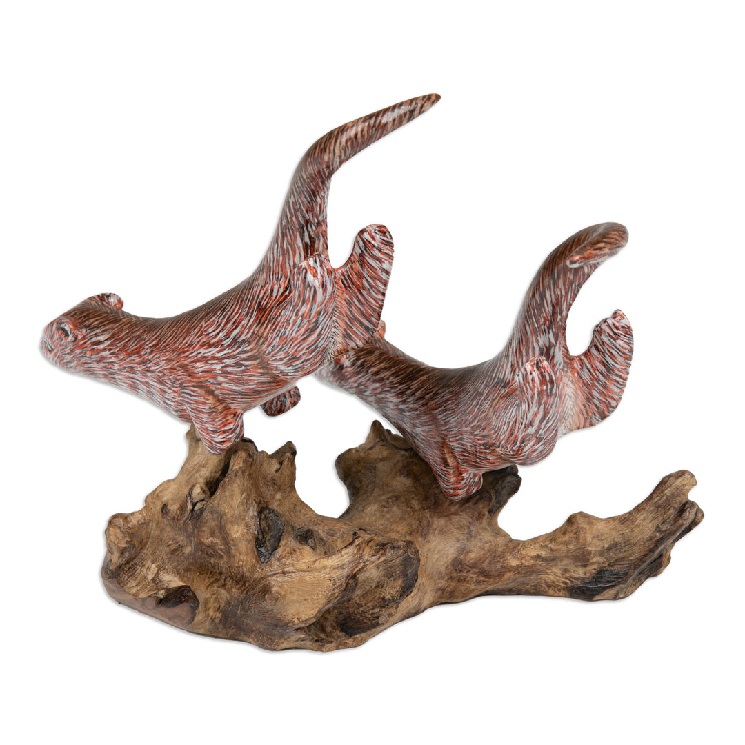 Hand-Carved and Painted Wood Sculpture of Two Ferrets - Leaping Ferrets