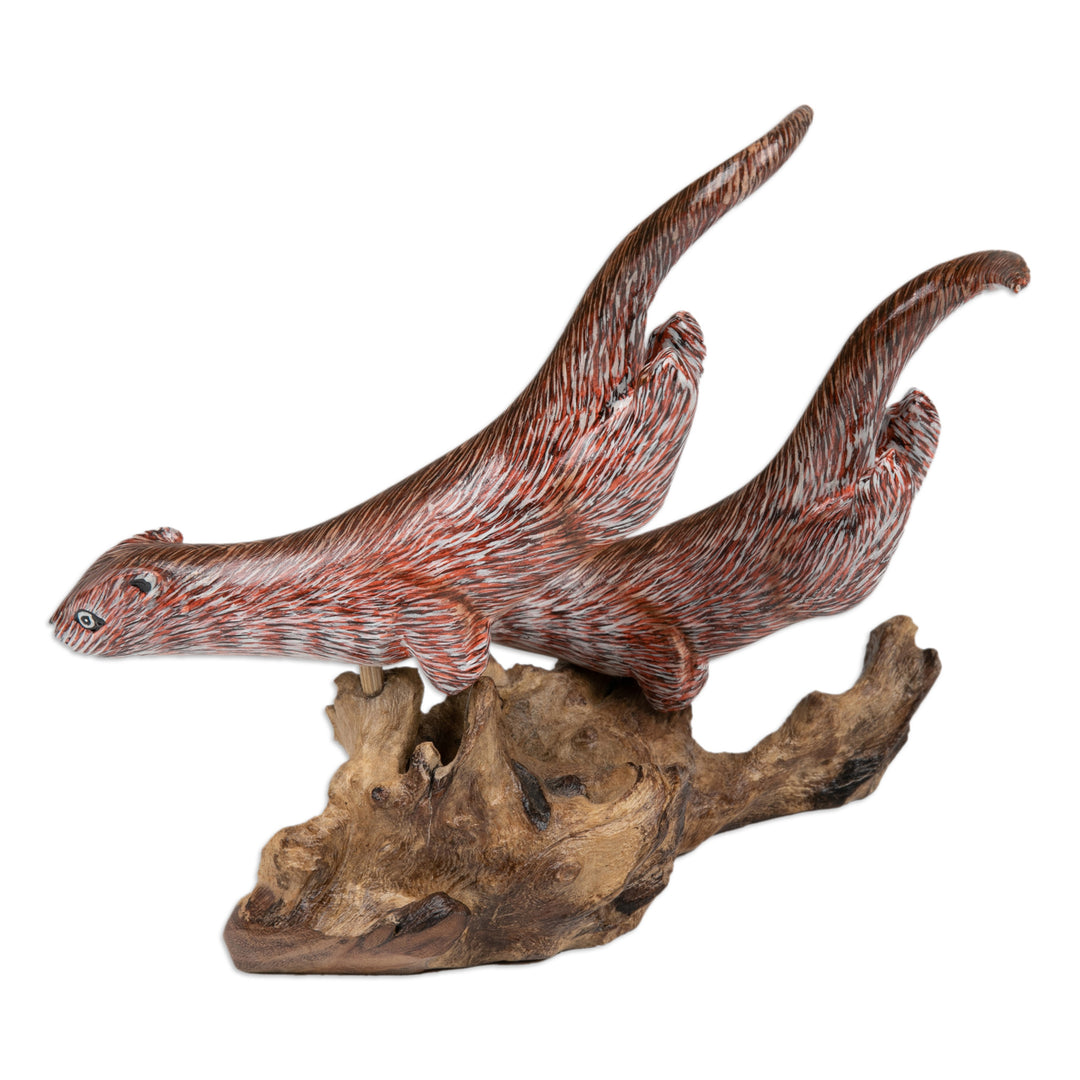 Hand-Carved and Painted Wood Sculpture of Two Ferrets - Leaping Ferrets