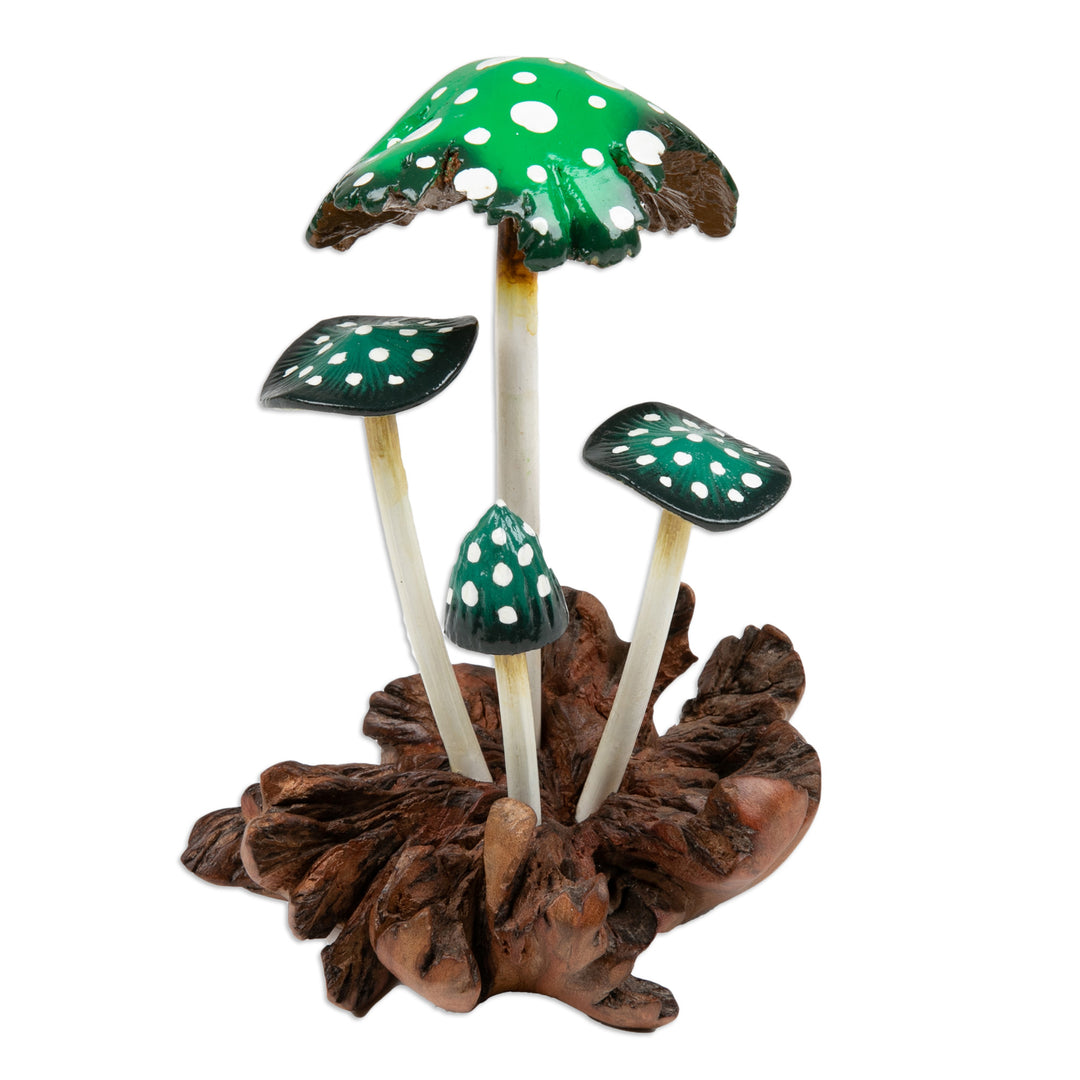 Hand-Painted Wood Sculpture of Green Mushrooms from Bali - Growing in Nature