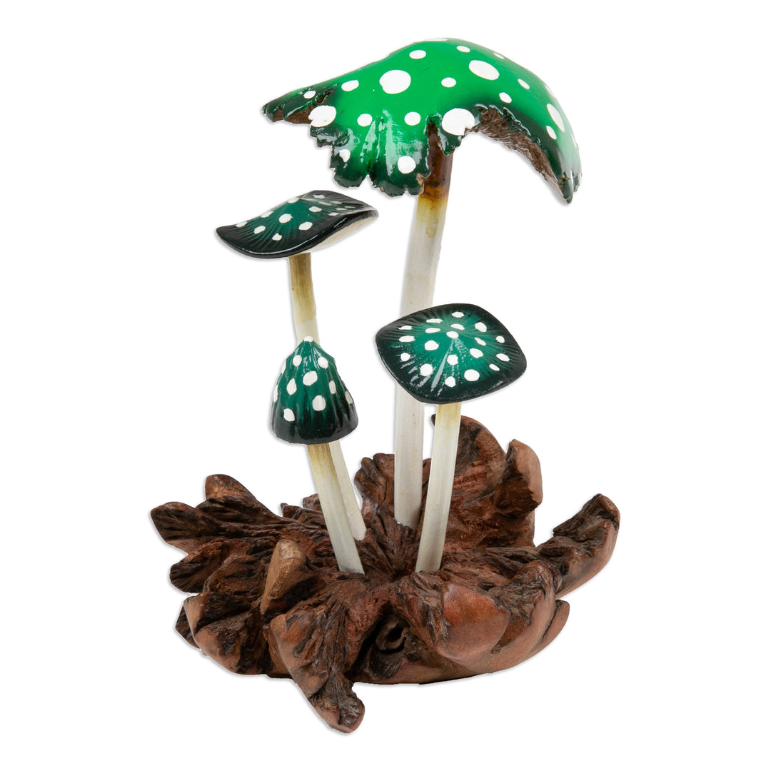 Hand-Painted Wood Sculpture of Green Mushrooms from Bali - Growing in Nature