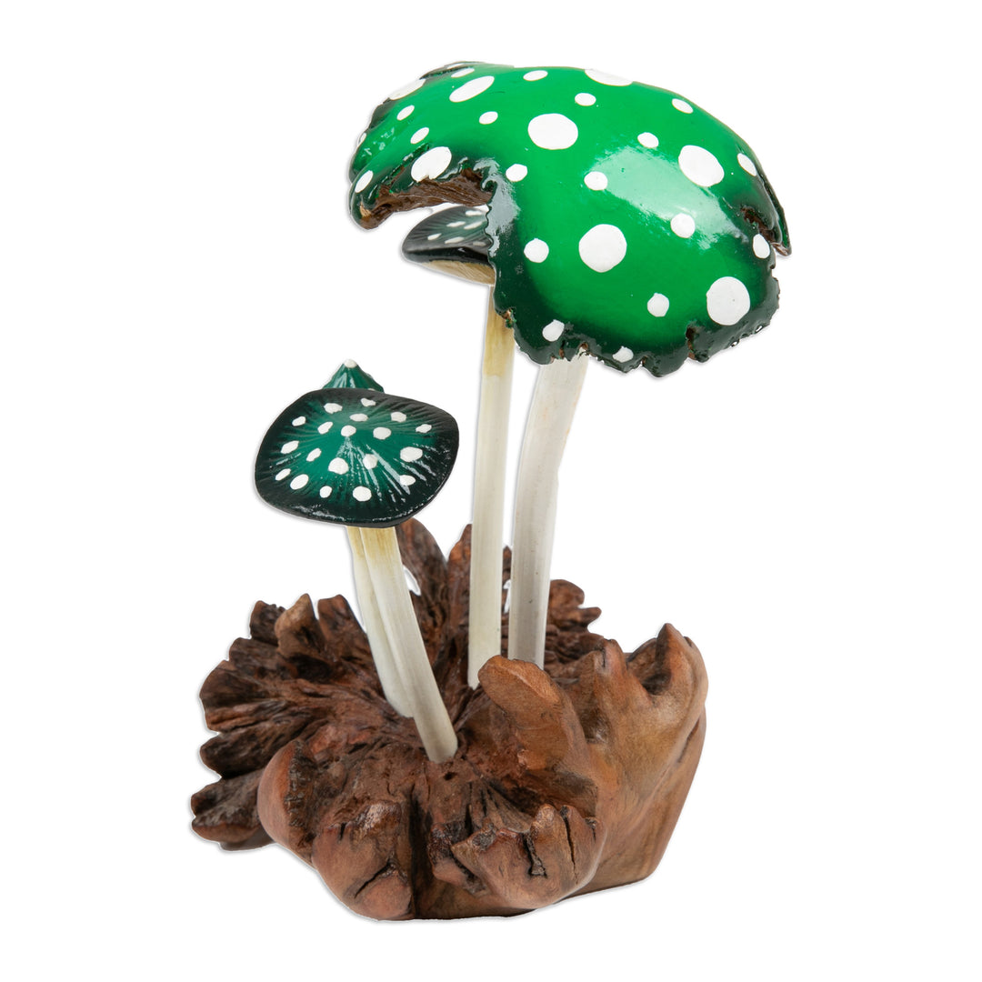 Hand-Painted Wood Sculpture of Green Mushrooms from Bali - Growing in Nature