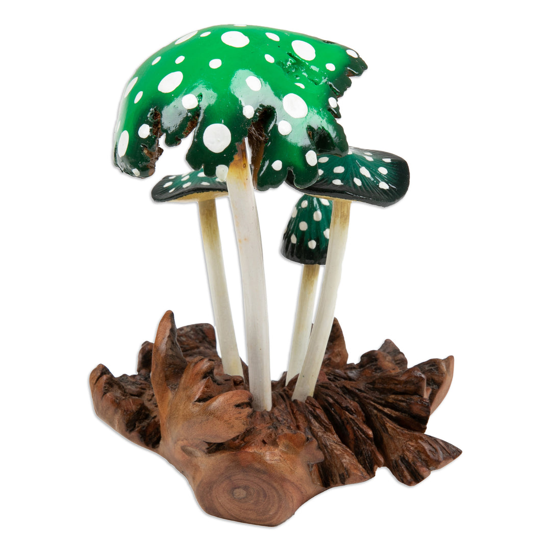 Hand-Painted Wood Sculpture of Green Mushrooms from Bali - Growing in Nature