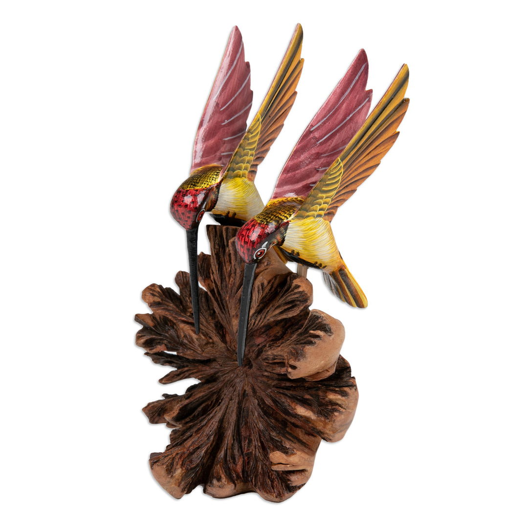 Hand-Painted Wood Sculpture of Two Hummingbirds from Bali - Flying in Nature