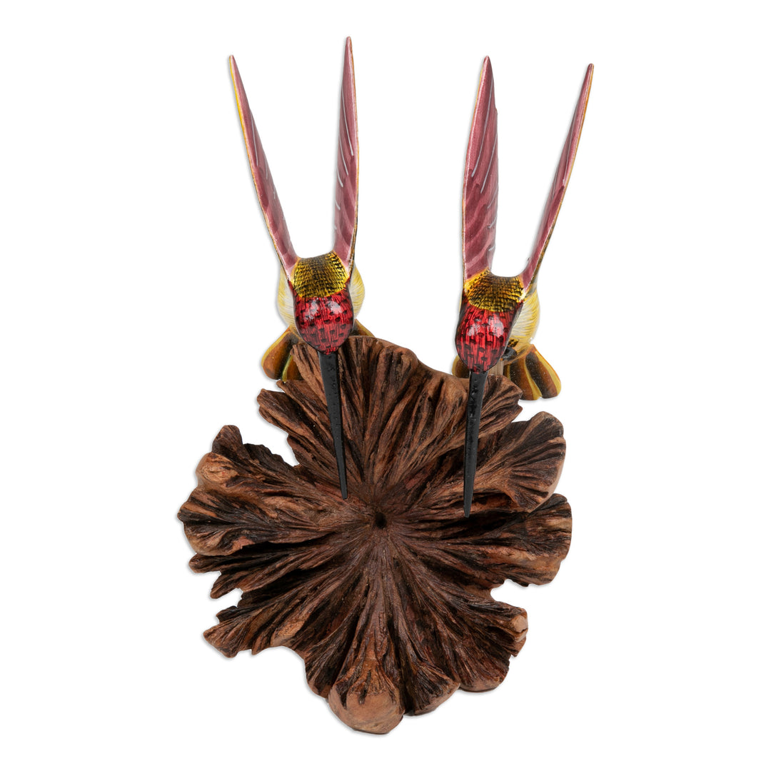 Hand-Painted Wood Sculpture of Two Hummingbirds from Bali - Flying in Nature
