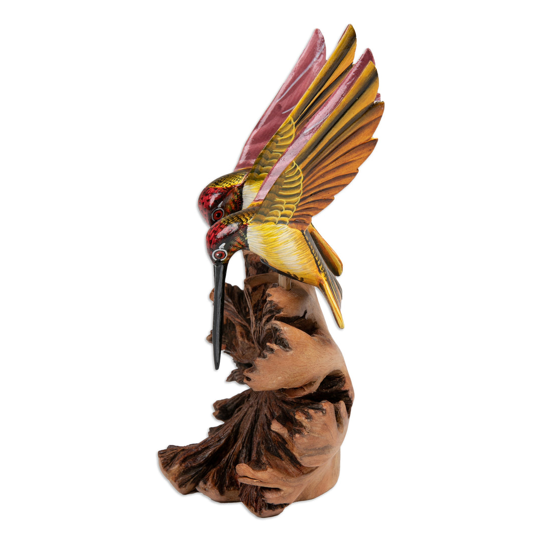 Hand-Painted Wood Sculpture of Two Hummingbirds from Bali - Flying in Nature