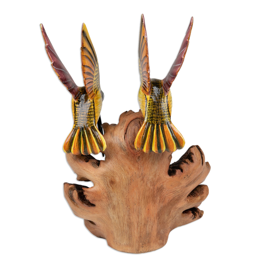 Hand-Painted Wood Sculpture of Two Hummingbirds from Bali - Flying in Nature