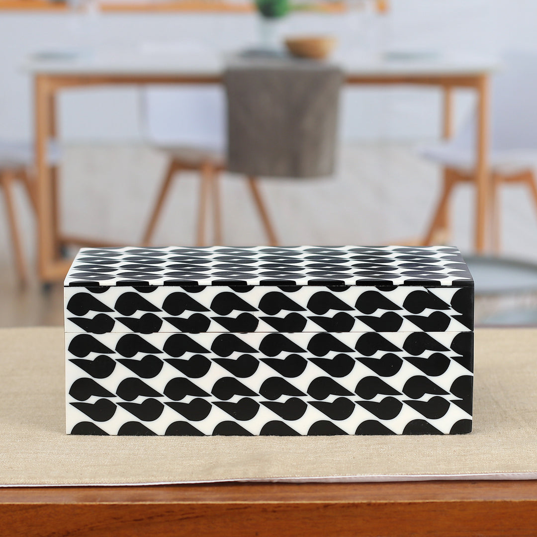 Patterned Black and White Resin Decorative Box from India - Kissing Shadows