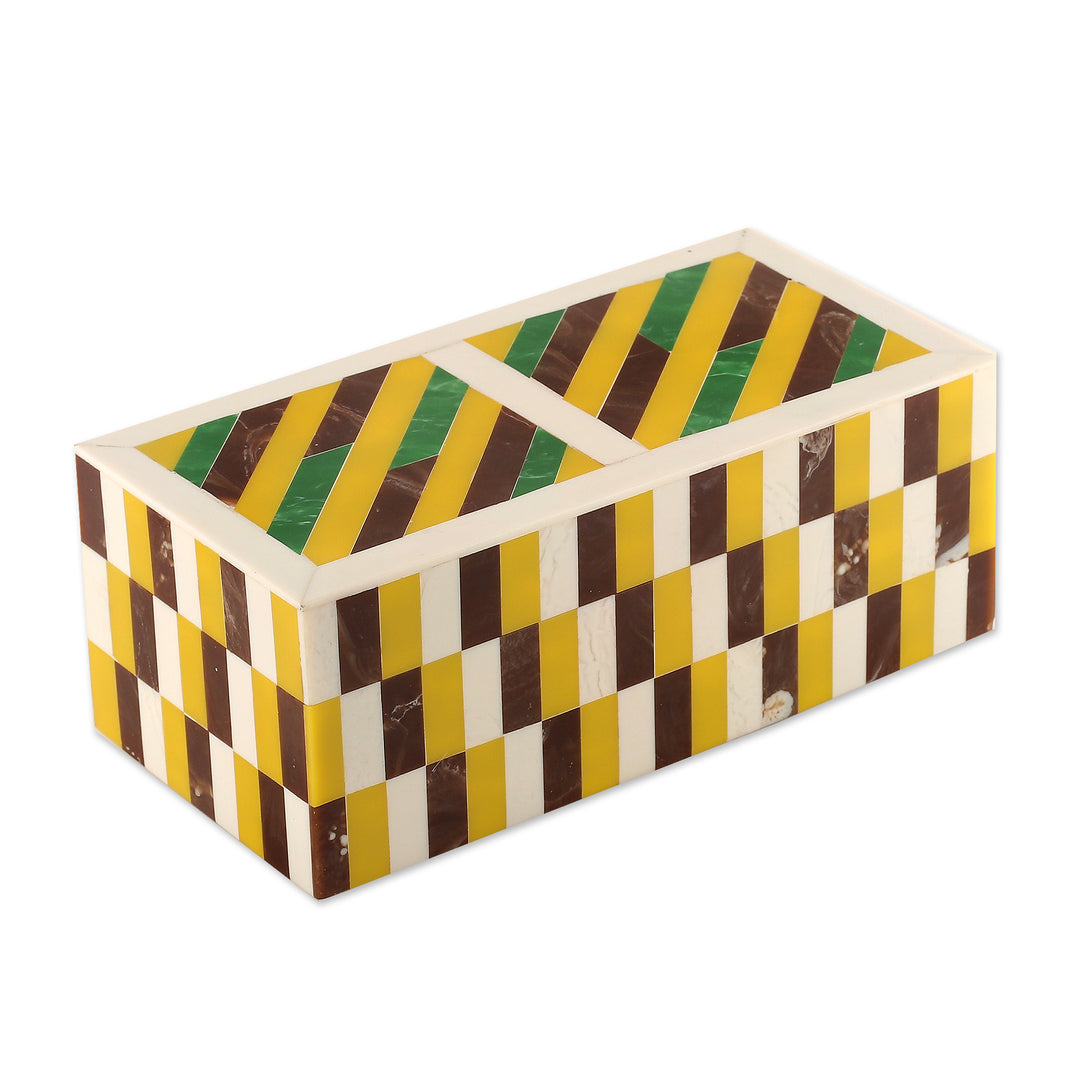 Patterned Yellow and Brown Resin Decorative Box from India - Checkered Creativity