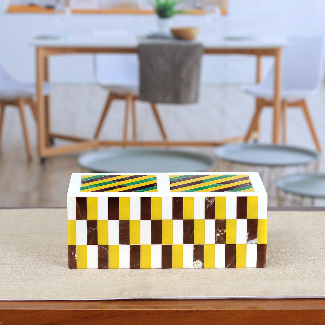 Patterned Yellow and Brown Resin Decorative Box from India - Checkered Creativity