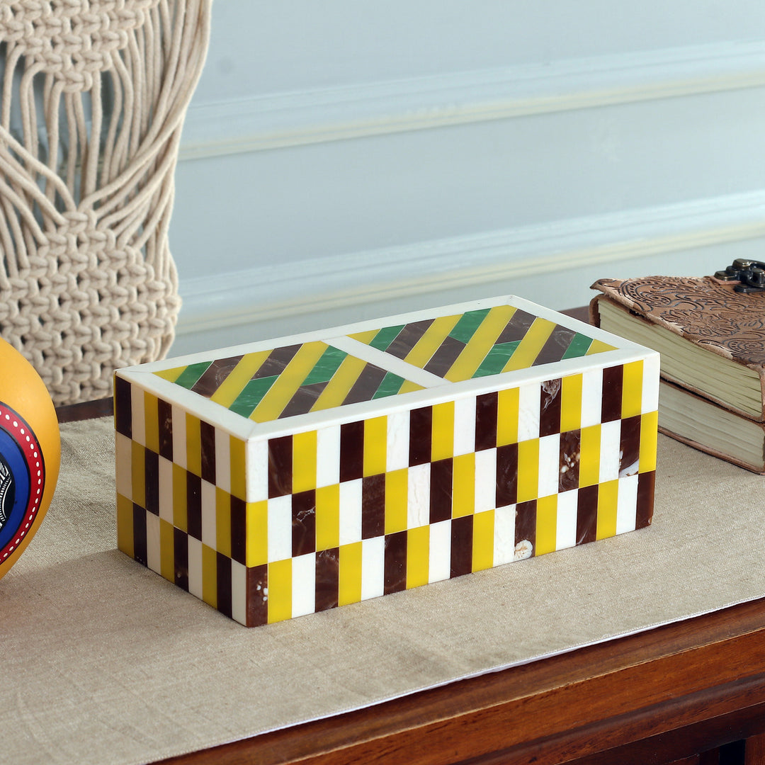 Patterned Yellow and Brown Resin Decorative Box from India - Checkered Creativity