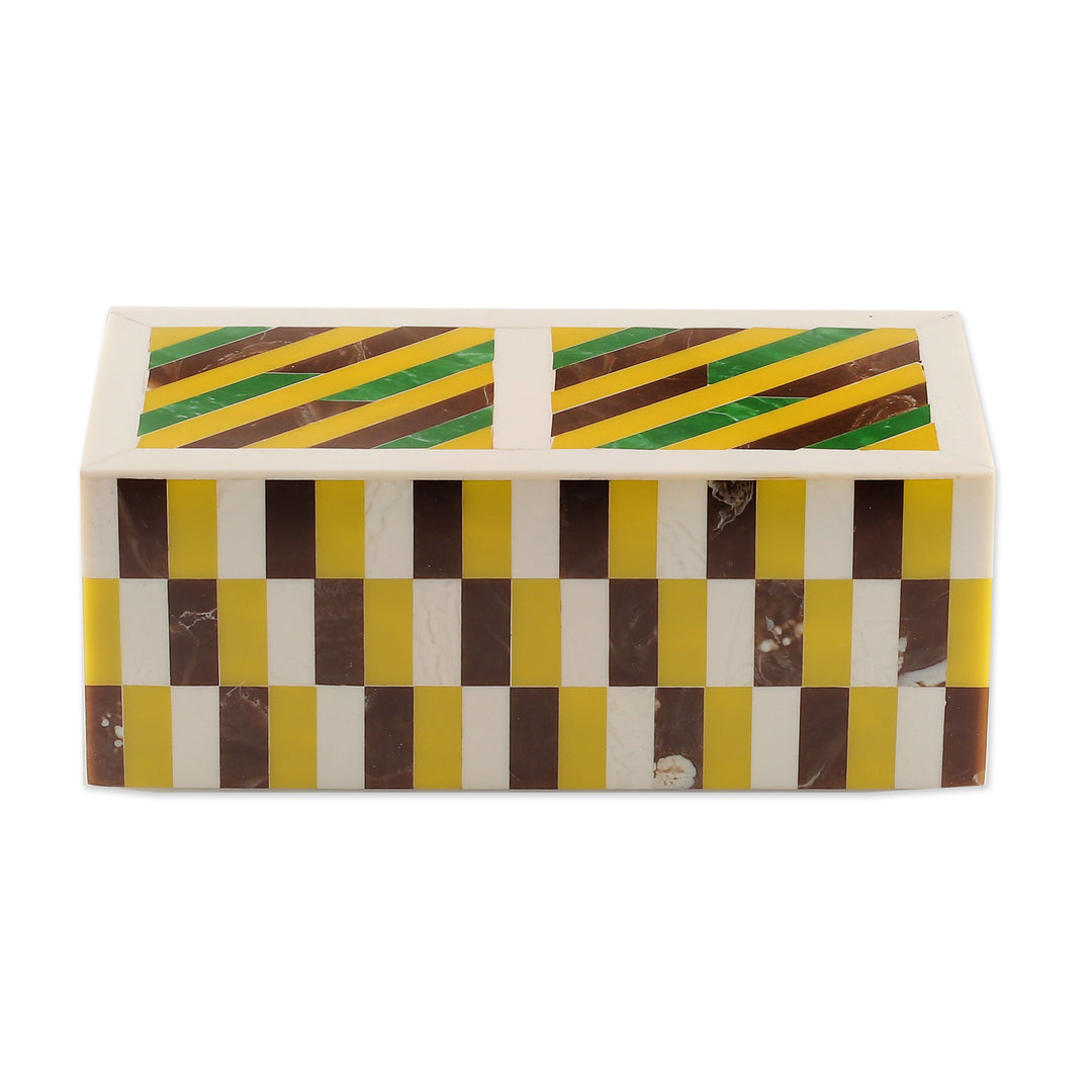 Patterned Yellow and Brown Resin Decorative Box from India - Checkered Creativity