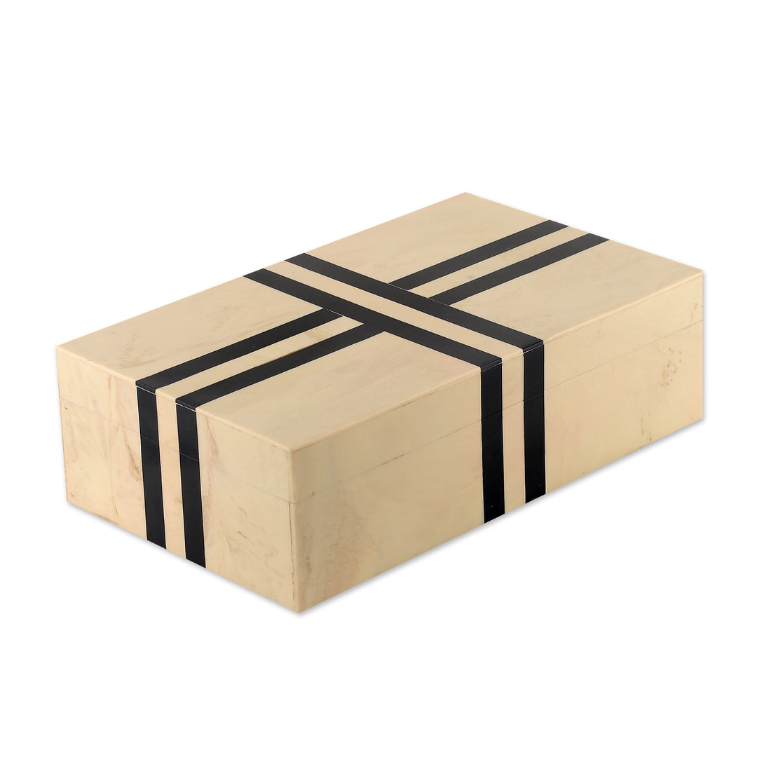 Modern Handcrafted Black and Ivory Resin Decorative Box - Ivory Ribbon
