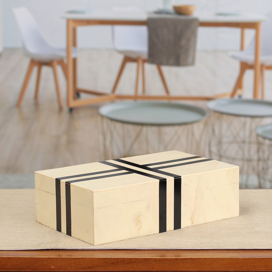 Modern Handcrafted Black and Ivory Resin Decorative Box - Ivory Ribbon