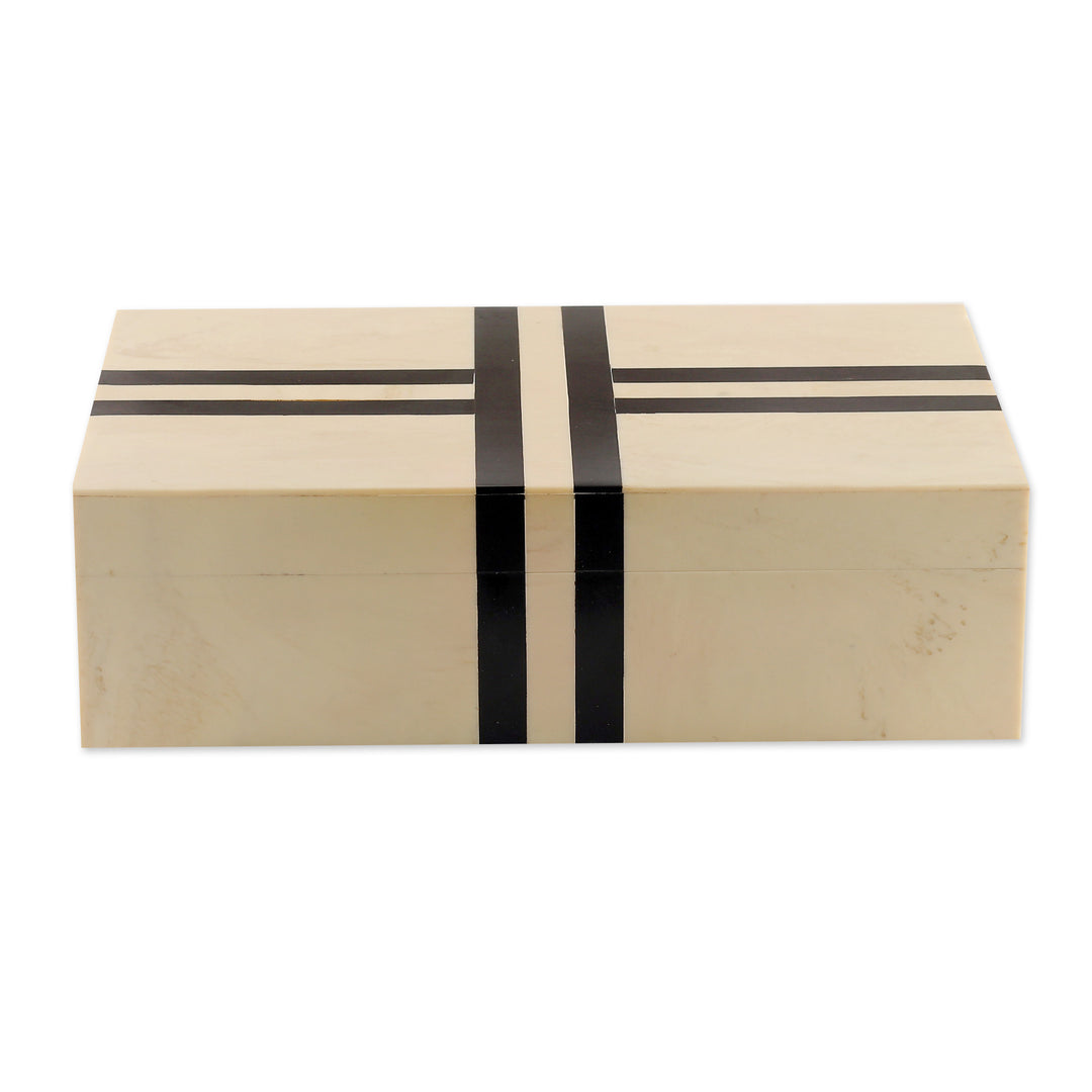Modern Handcrafted Black and Ivory Resin Decorative Box - Ivory Ribbon
