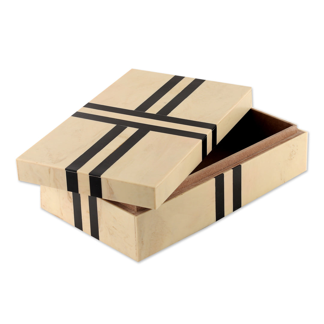 Modern Handcrafted Black and Ivory Resin Decorative Box - Ivory Ribbon