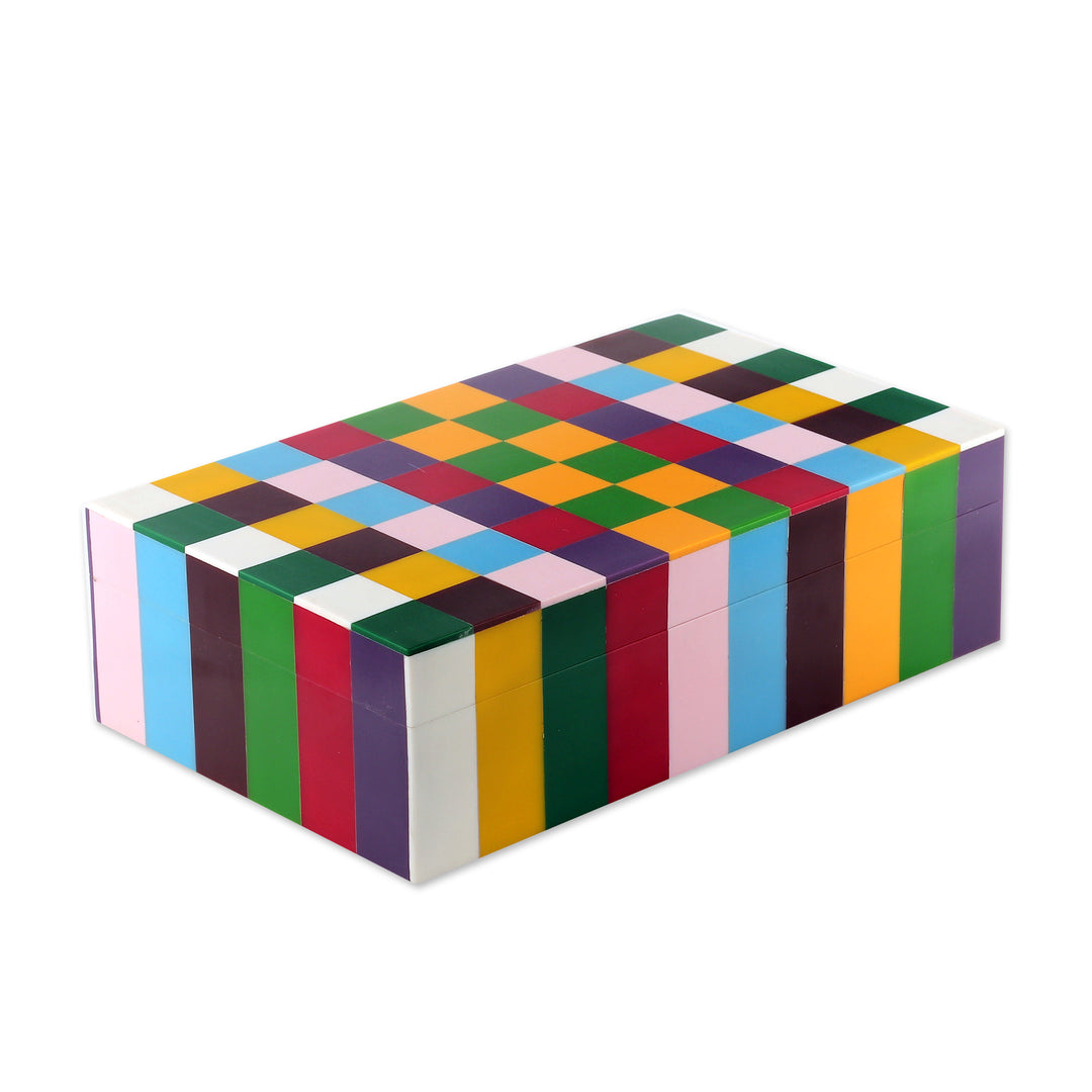 Handcrafted Checkered Multicolor Resin Decorative Box - Modern Rainbow