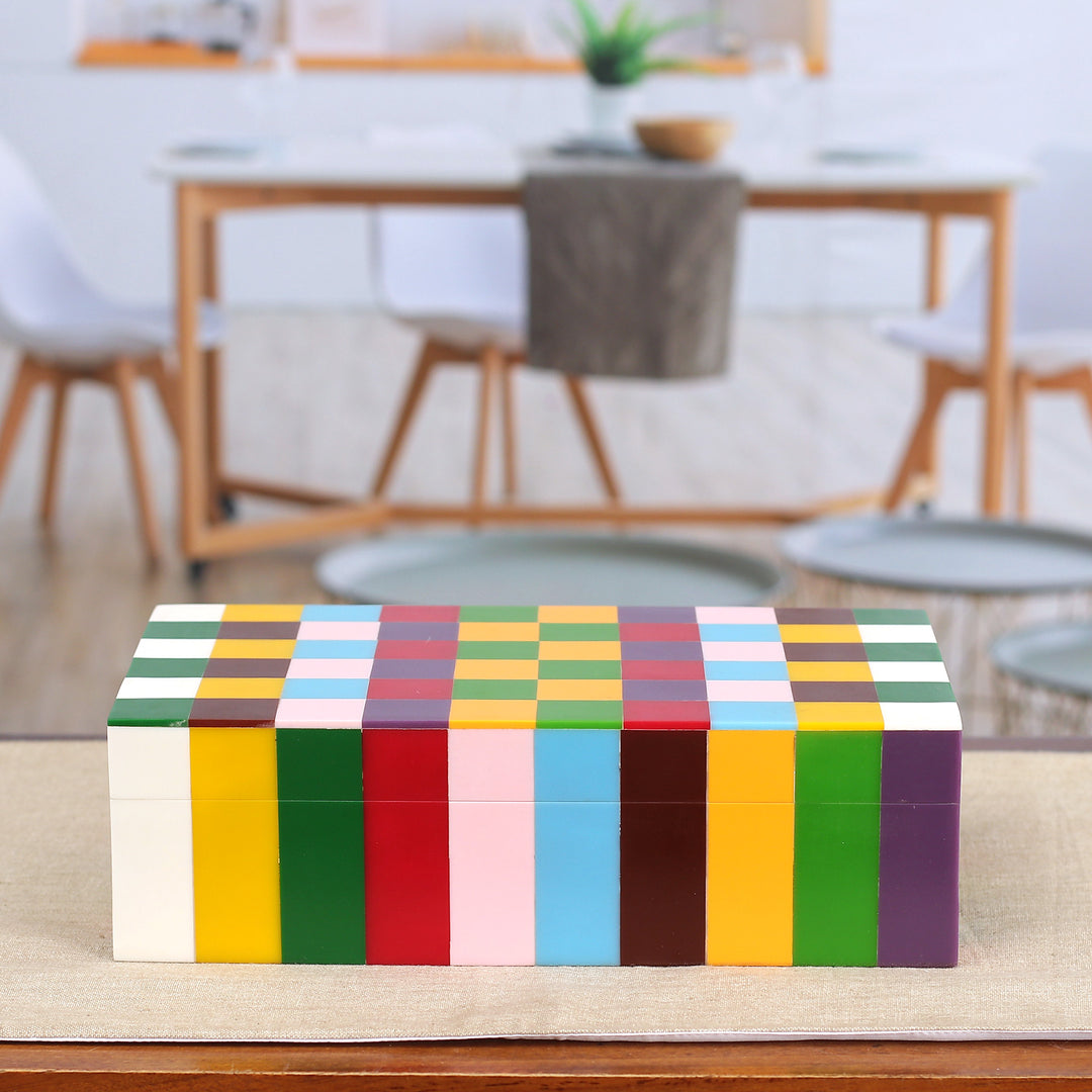 Handcrafted Checkered Multicolor Resin Decorative Box - Modern Rainbow