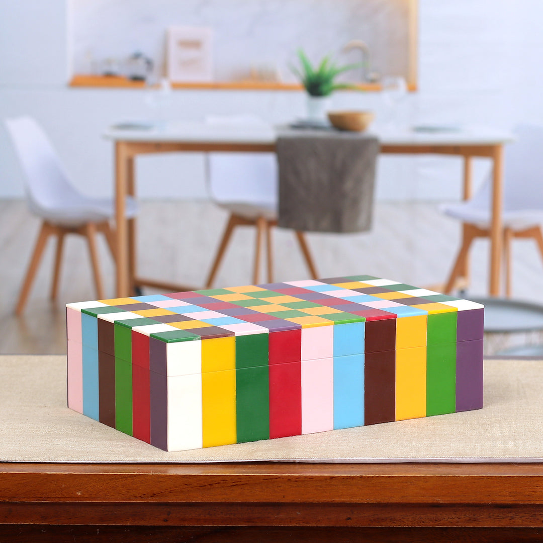 Handcrafted Checkered Multicolor Resin Decorative Box - Modern Rainbow