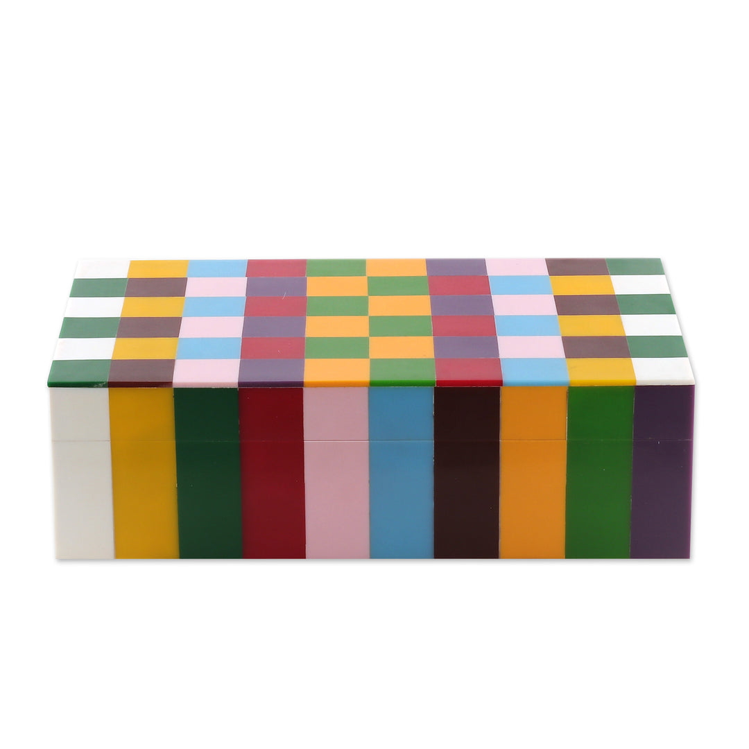 Handcrafted Checkered Multicolor Resin Decorative Box - Modern Rainbow