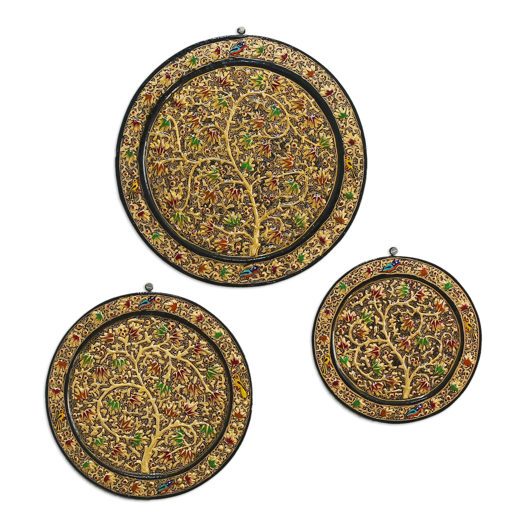 Set of 3 Forest-Themed Black and Golden Wood Relief Panels - Night Valley