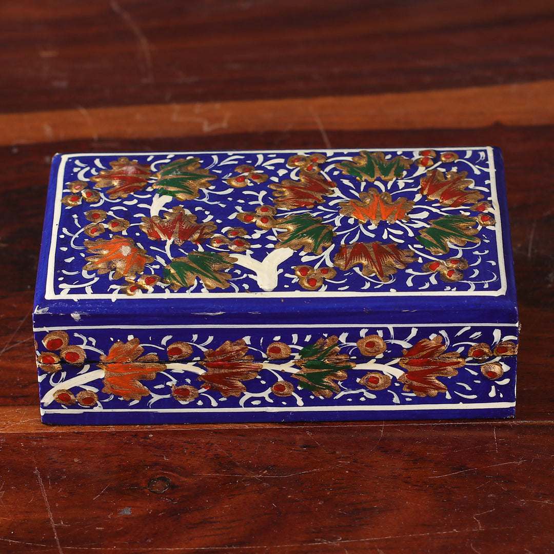 Tree-Themed Sapphire and Golden Papier Mache Decorative Box - Sapphire Nature