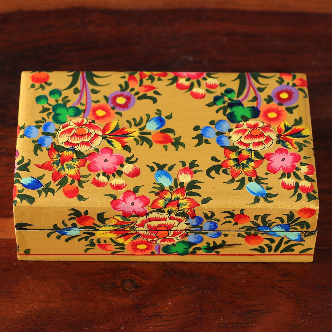 Floral Hand-Painted Yellow Papier Mache Decorative Box - Golden Scenes