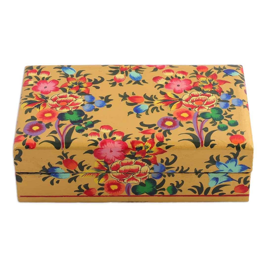 Floral Hand-Painted Yellow Papier Mache Decorative Box - Golden Scenes