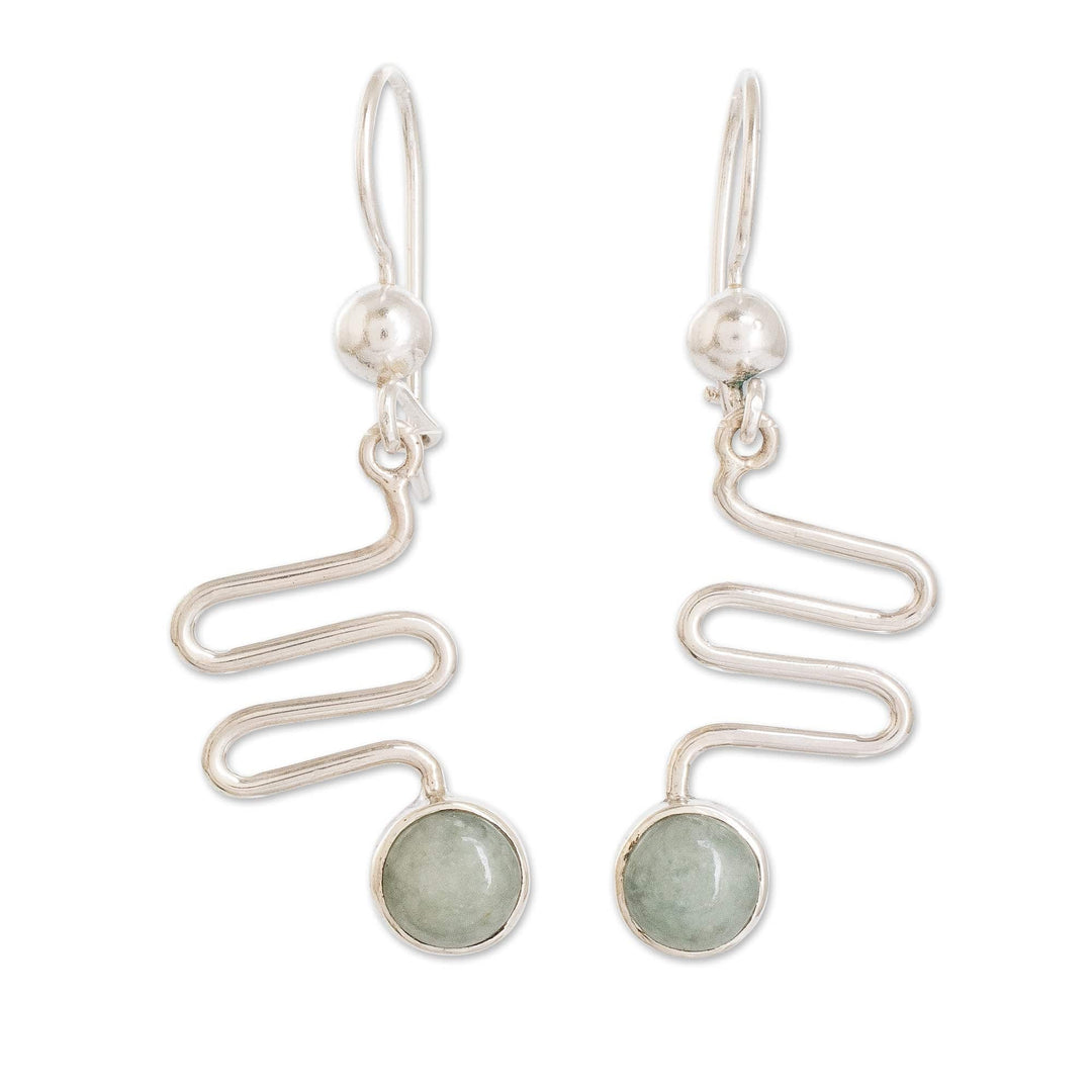 Modern Wavy-Themed Apple Green Jade Silver Dangle Earrings - New Love in Apple Green