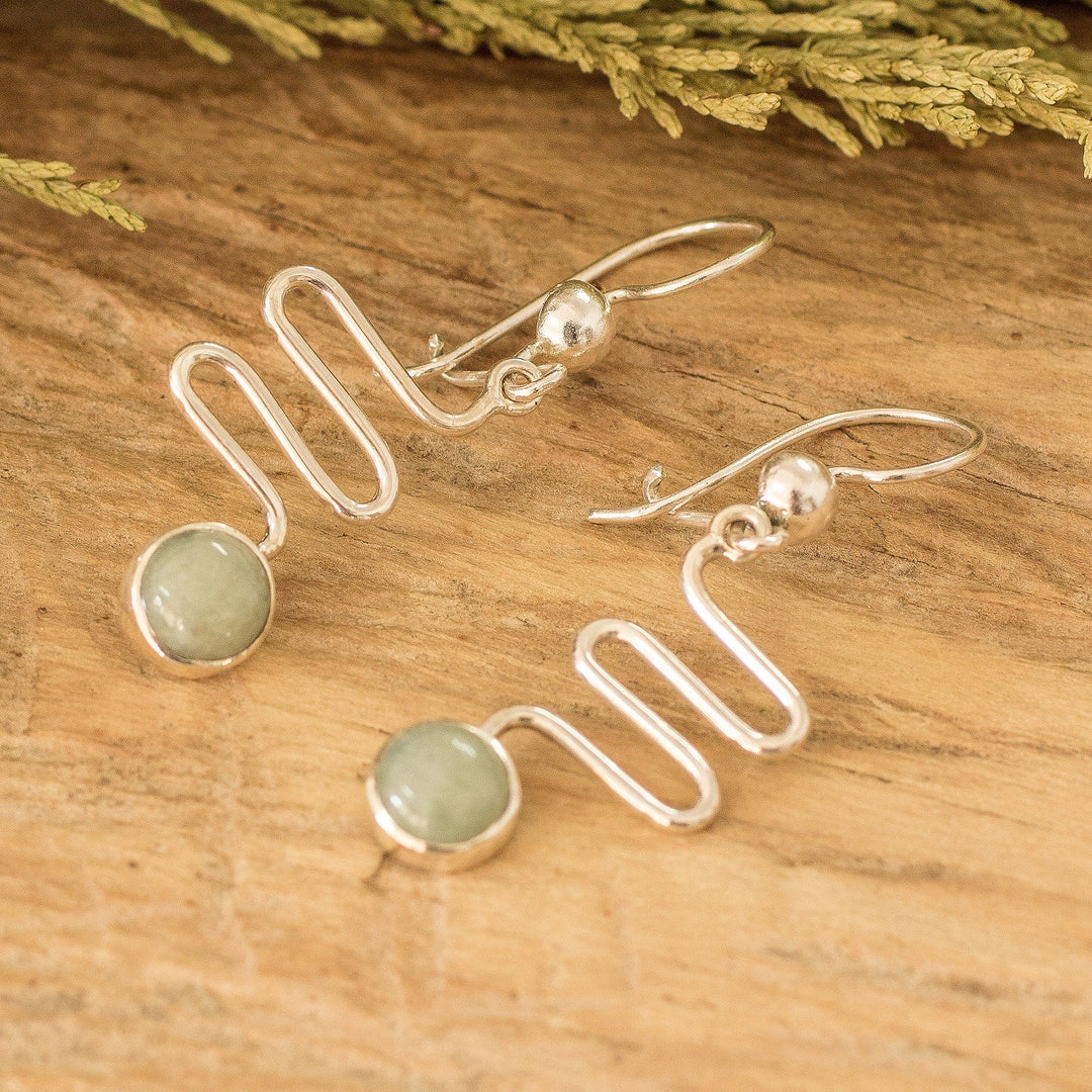 Modern Wavy-Themed Apple Green Jade Silver Dangle Earrings - New Love in Apple Green