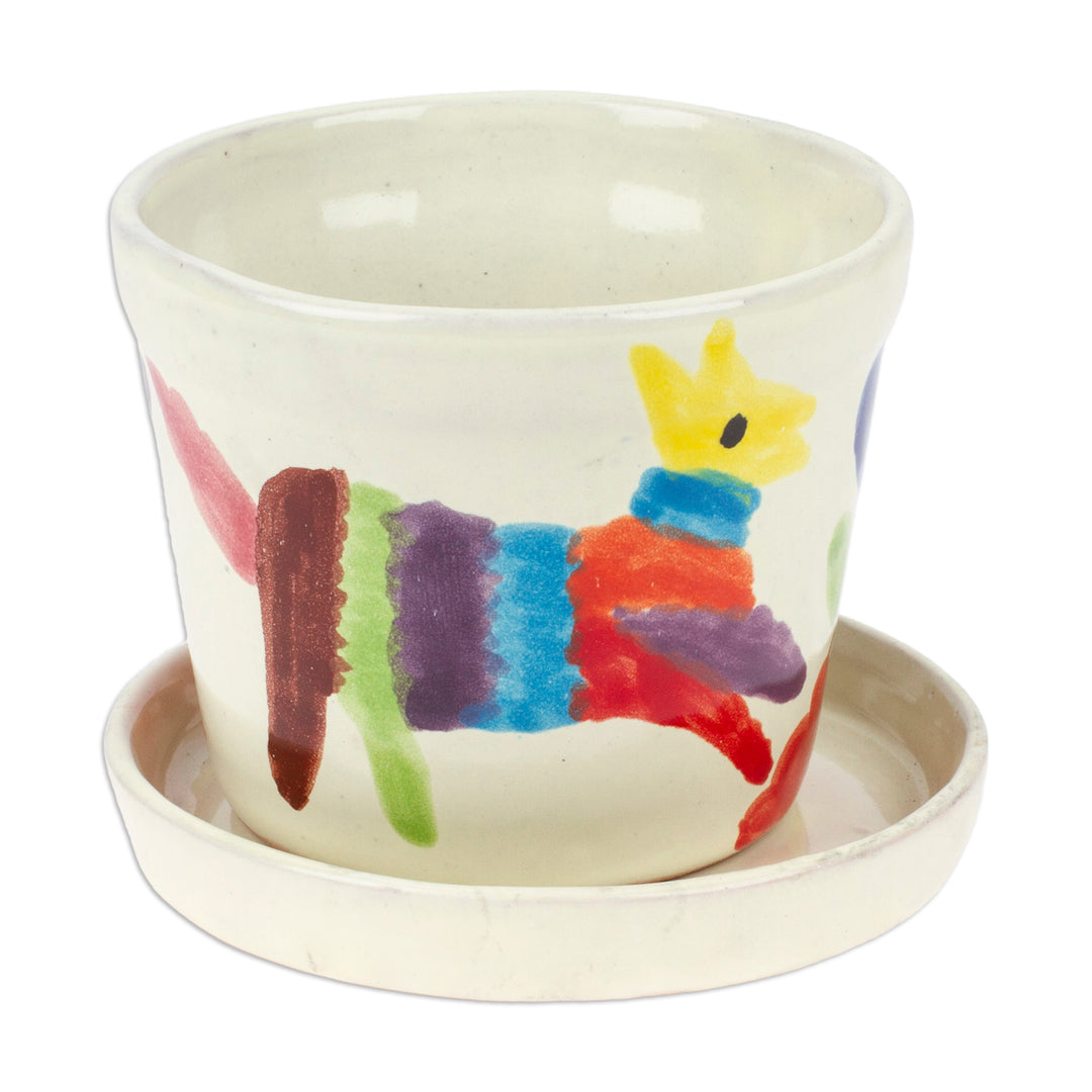 Whimsical Animal-Themed Ceramic Flower Pot and Saucer - Festive Fauna