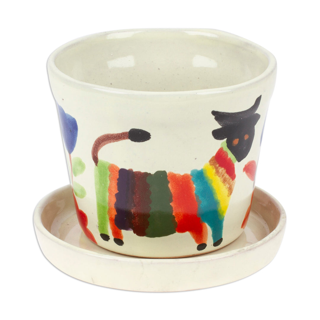 Whimsical Animal-Themed Ceramic Flower Pot and Saucer - Festive Fauna