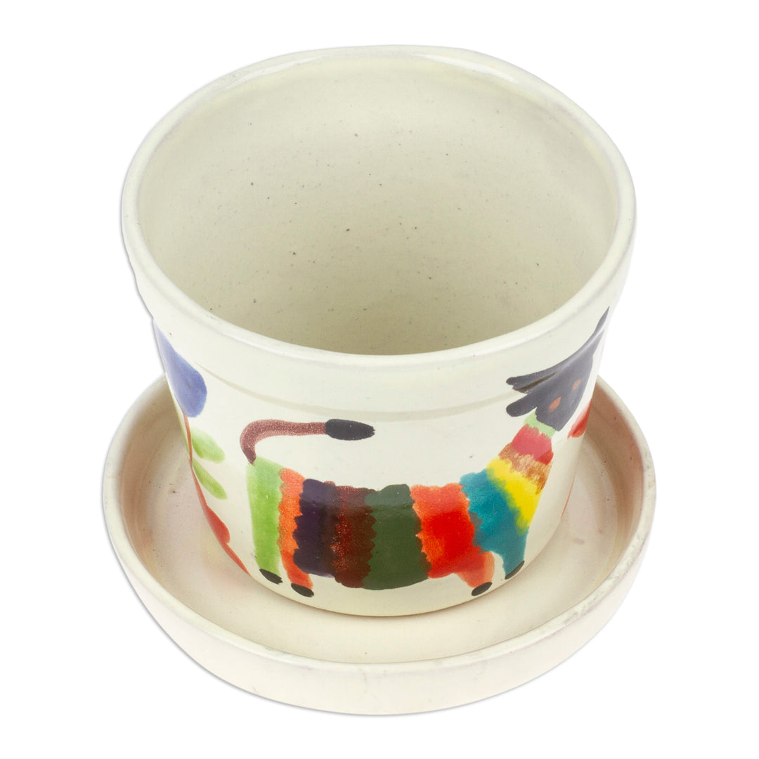 Whimsical Animal-Themed Ceramic Flower Pot and Saucer - Festive Fauna