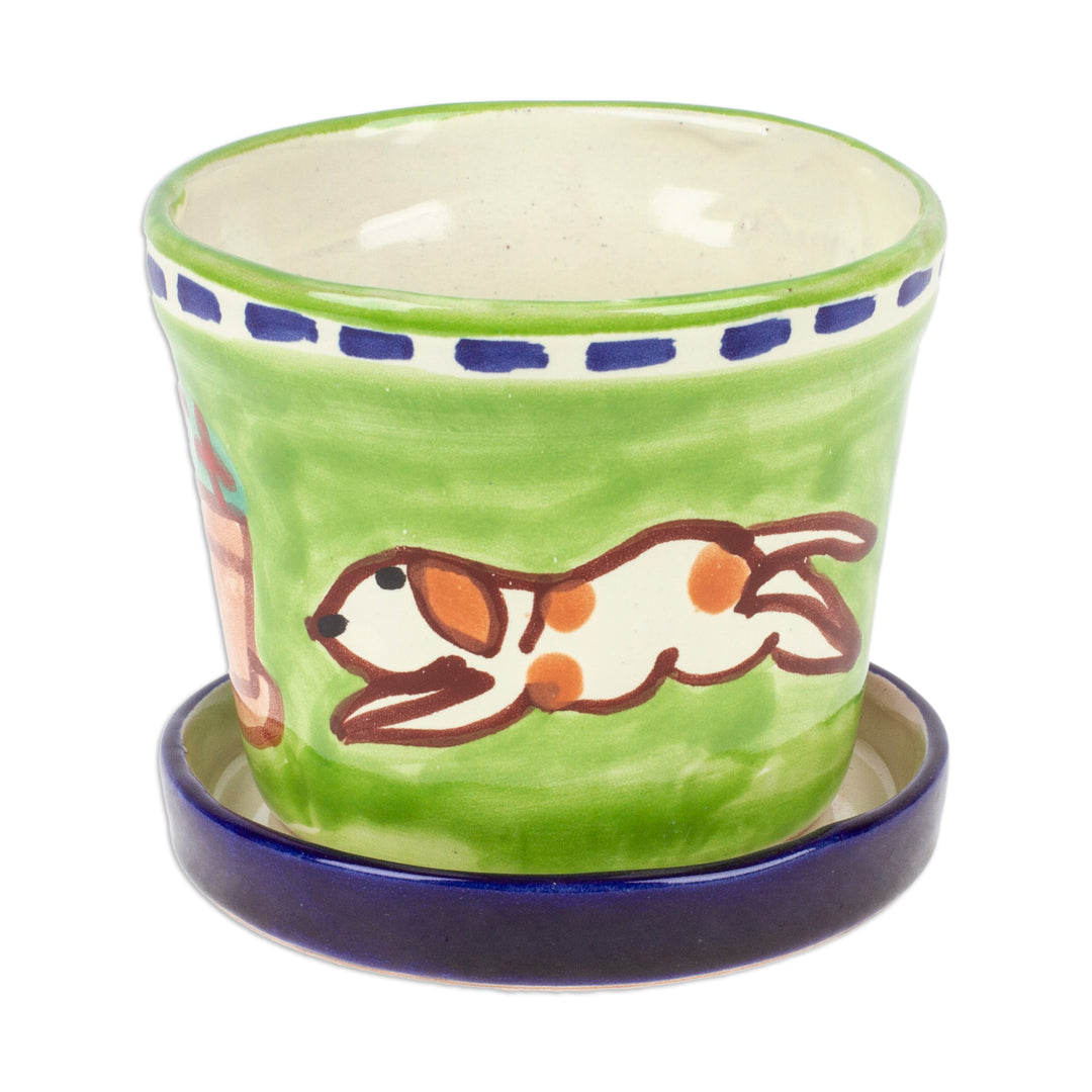 Naïf Dog-Themed Green Ceramic Flower Pot and Saucer (Small) - Petite Merry Dogs